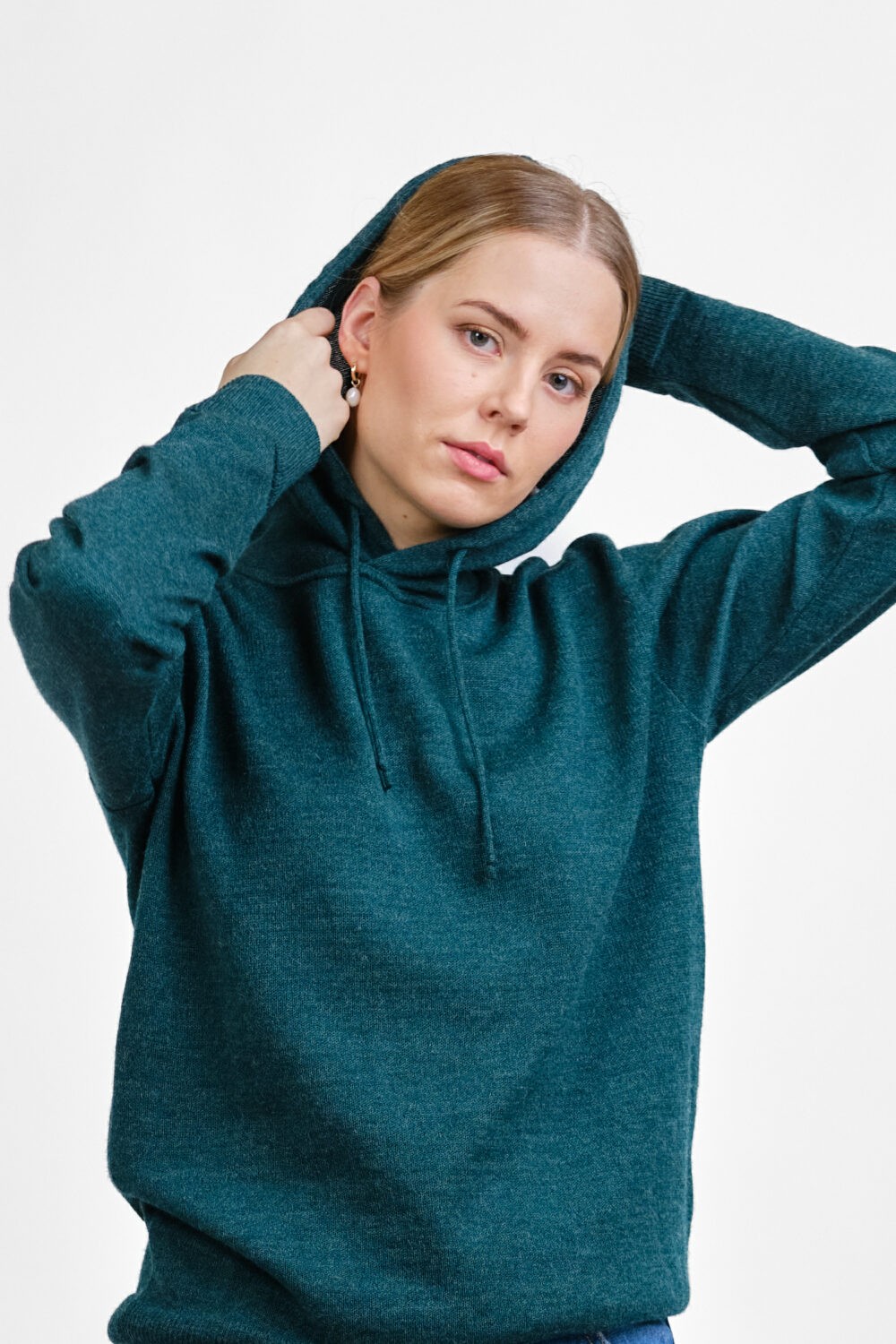 Hoodie stickad huvtröja, blågrön - Image 5