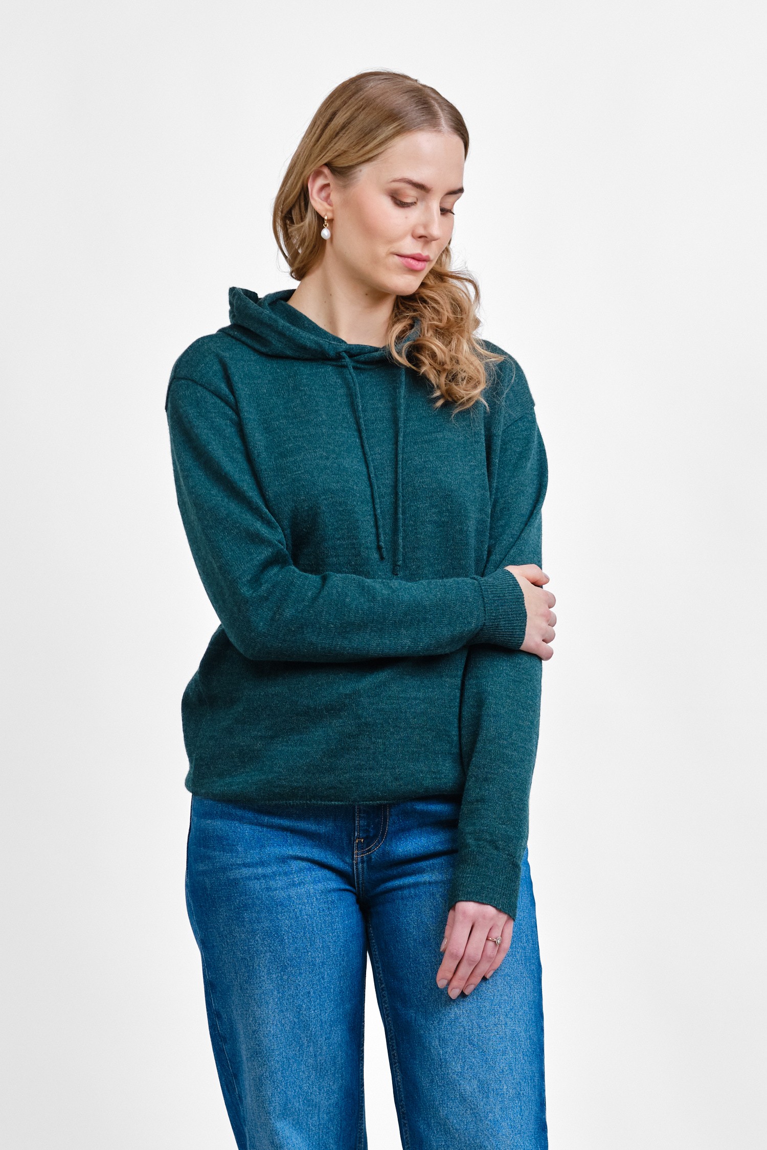 Hoodie stickad huvtröja, blågrön - Bild 6