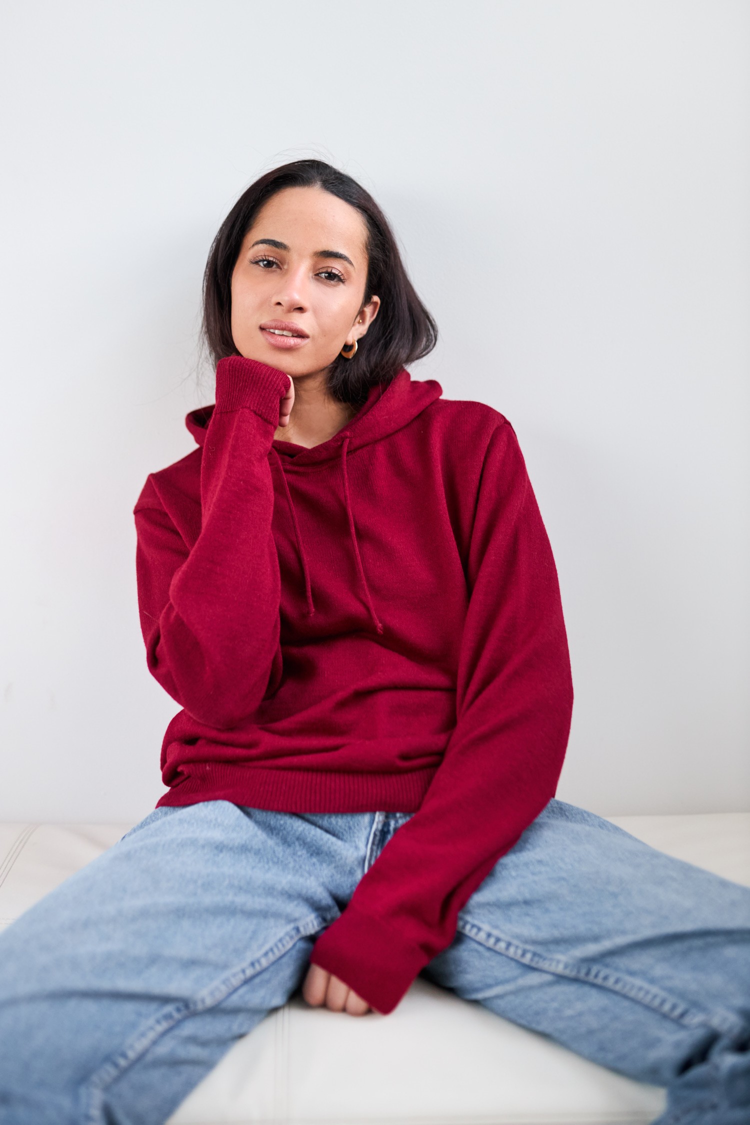 Hoodie stickad huvtröja, tranbär - Bild 4