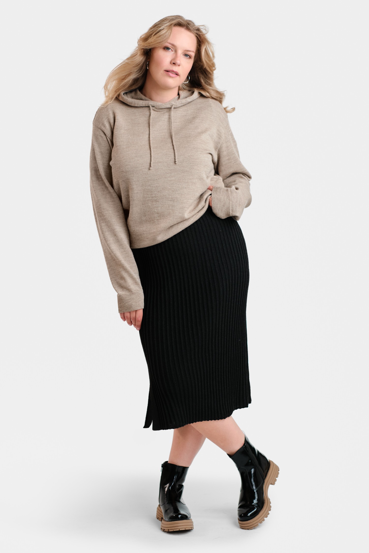 Hoodie stickad huvtröja, greige - Bild 2